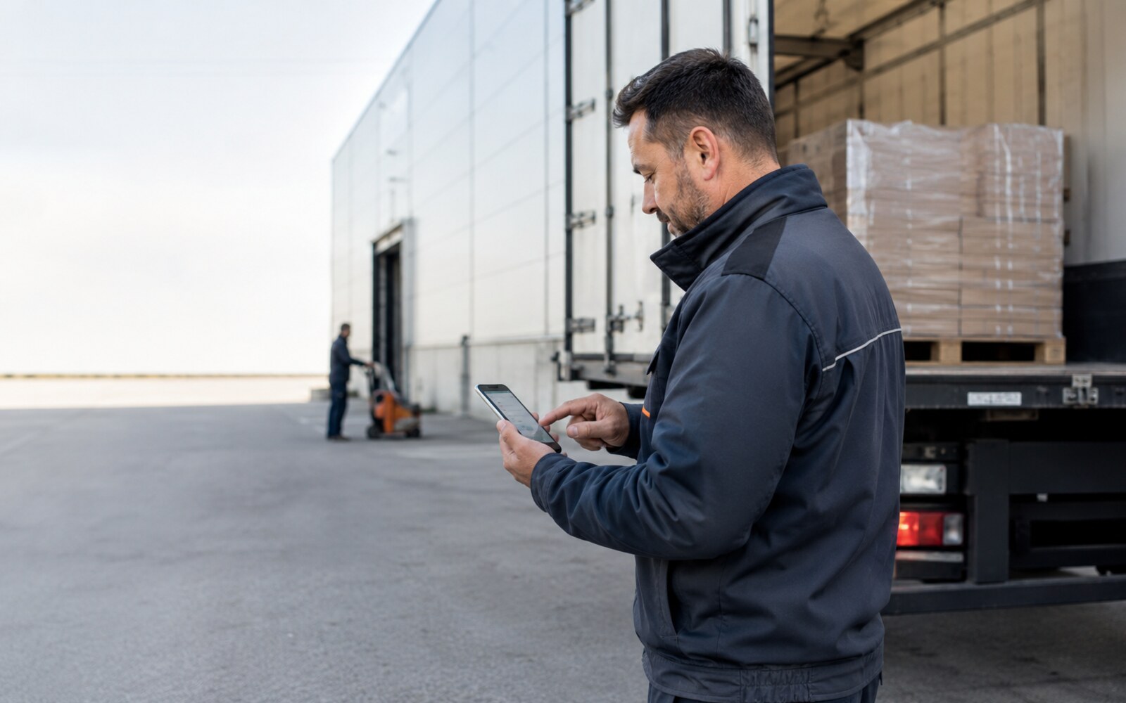 Profissional de transportes consulta uma operação num dispositivo móvel junto a um veículo de mercadorias.